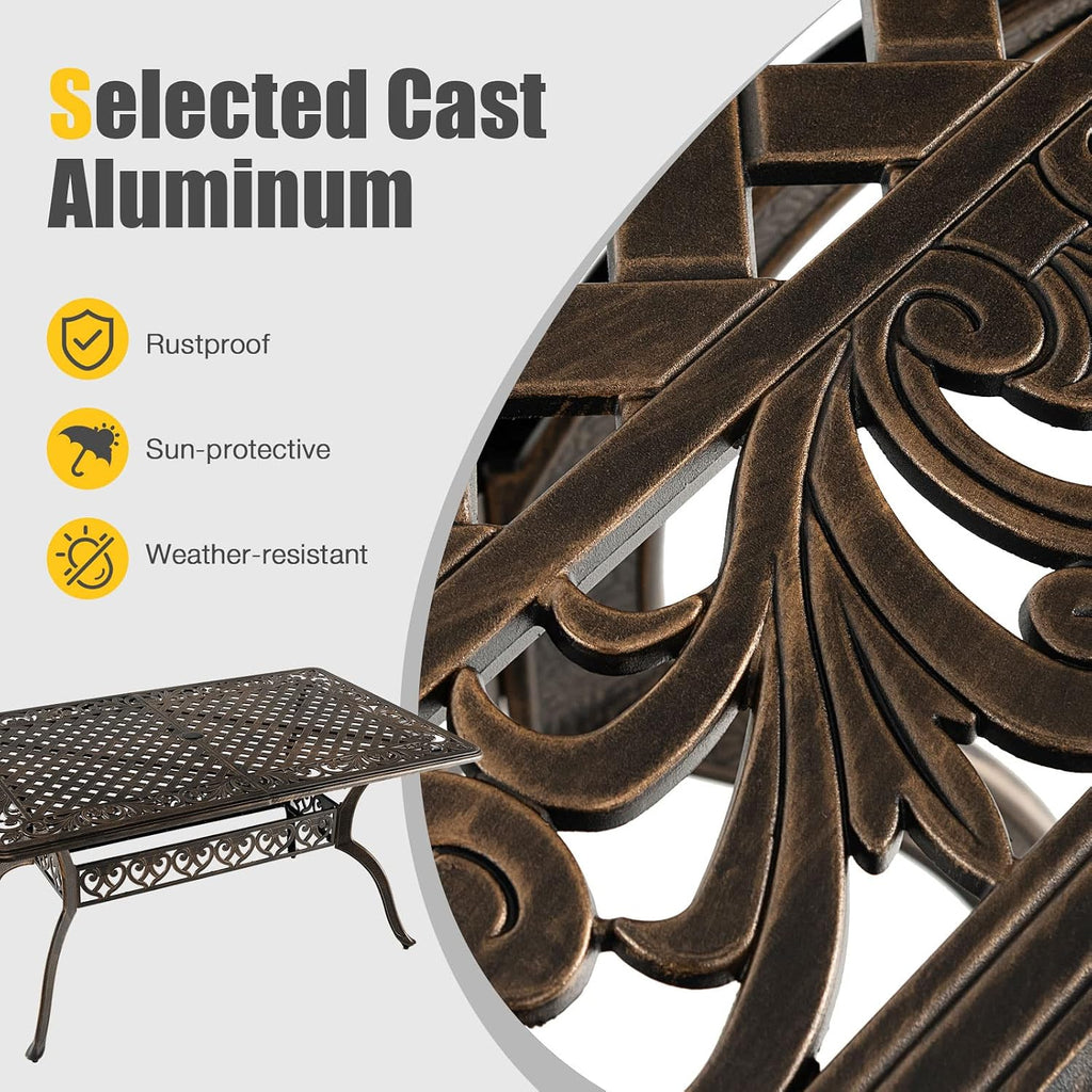 Tangkula 59 Inches Outdoor Dining Table, All-Weather Cast Aluminum Table with Umbrella Hole, 6-8 Person Rectangular Dining Table for Garden, Backyard and Poolside (Bronze)