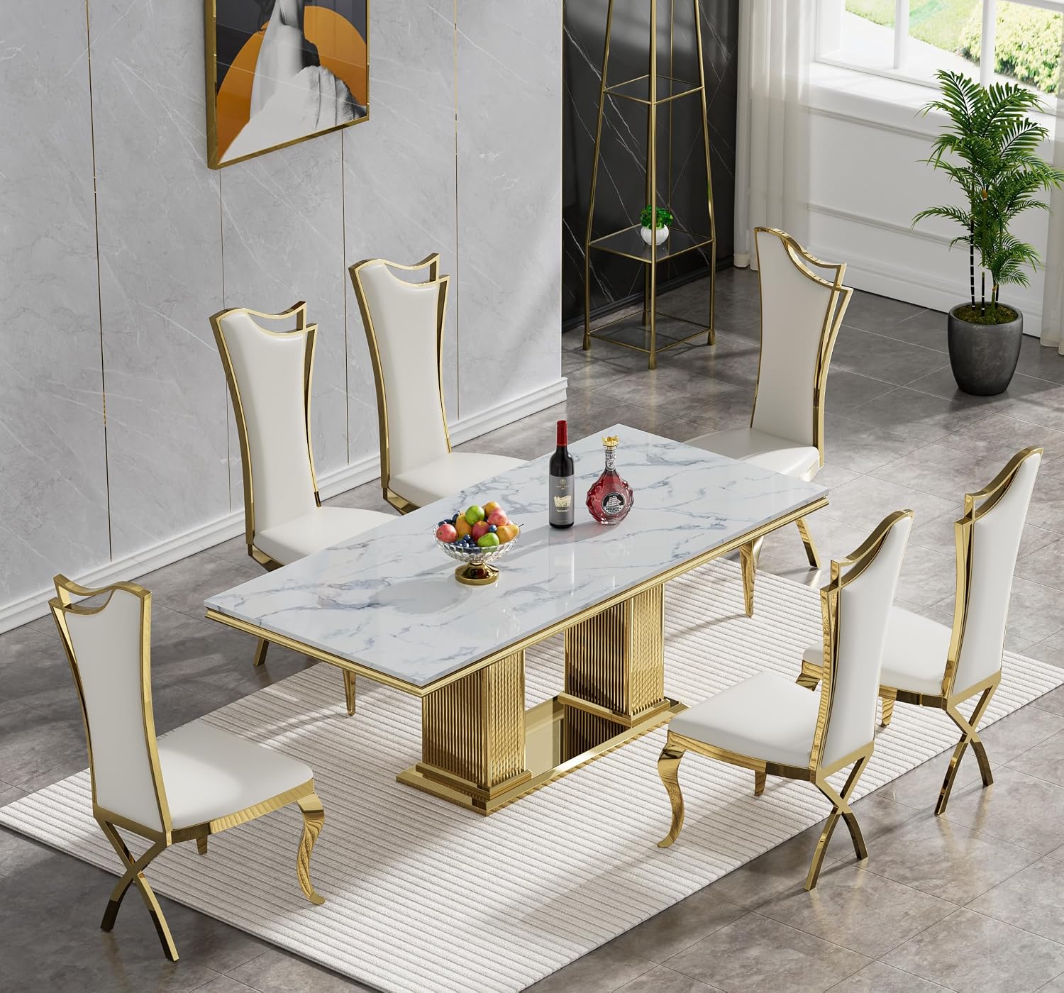 68' White Marble Dining Table for 6 to 8, Luxury Large Rectangular Faux Marble Tabletop & Gold Double Pedestal Base, Mid Century Modern Kitchen Dining Room Table for Dinner Family Gathering