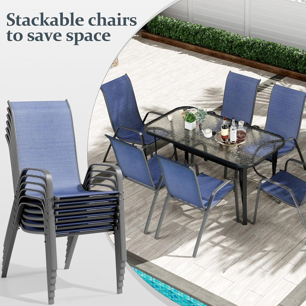 TLSUNNY 7 Pieces Patio Dining Set, Outdoor Table and Chairs W/1.69″ Umbrella Hole, 30'X 55' Table and Stackable Textilene Chair, All Weather Patio Furniture Set (Umbrella not Included) (Navy Blue)