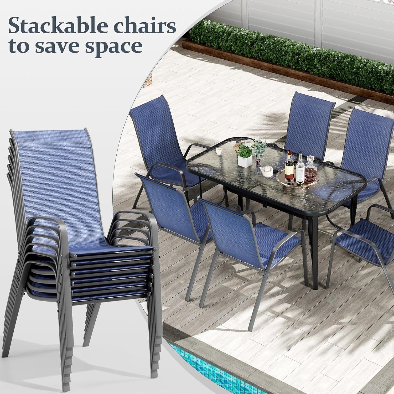 TLSUNNY 7 Pieces Patio Dining Set, Outdoor Table and Chairs W/1.69″ Umbrella Hole, 30'X 55' Table and Stackable Textilene Chair, All Weather Patio Furniture Set (Umbrella not Included) (Navy Blue)
