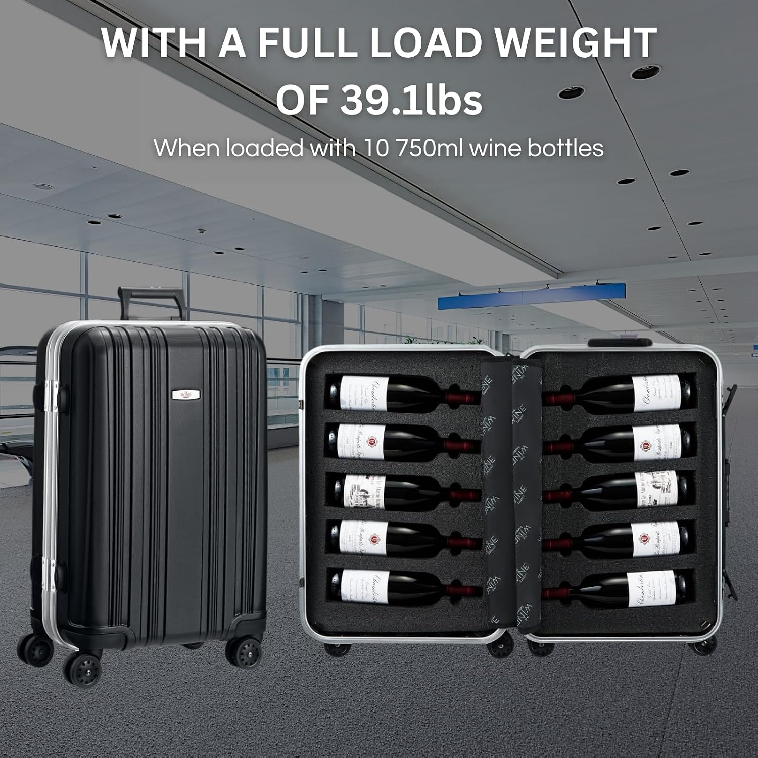 Wine Bottle Suitcase Aluminum | Holds 10 Standard 750 ML Bottles | Universal Airplane Luggage Case, TSA Approved Wheeled Bag For Professionals & Consumers, Gift For Wine Lovers, Connoisseurs (23 IN)