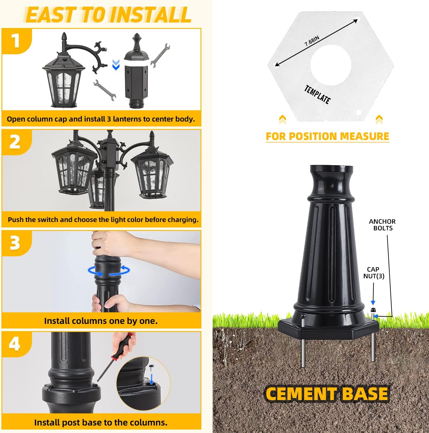 3-Head Solar Outdoor Street Light with Dusk to Dawn Sensor, Aluminum Exterior Pole Light with Water Ripple Glass, Classic Waterproof Black Solar Lamp Post Lights for Backyard, Garden, Driveway