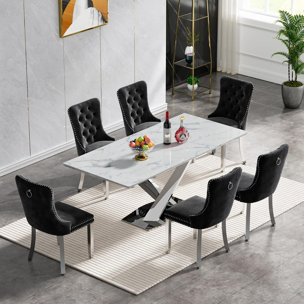 70' White Marble Dining Table for 4 to 6, Modern Faux Marble Kitchen Table with Silver X Shape Stainless Steel Pedestal, Luxury Rectangular Kitchen Dining Room Table for Breakfast Dinette Dinner Party