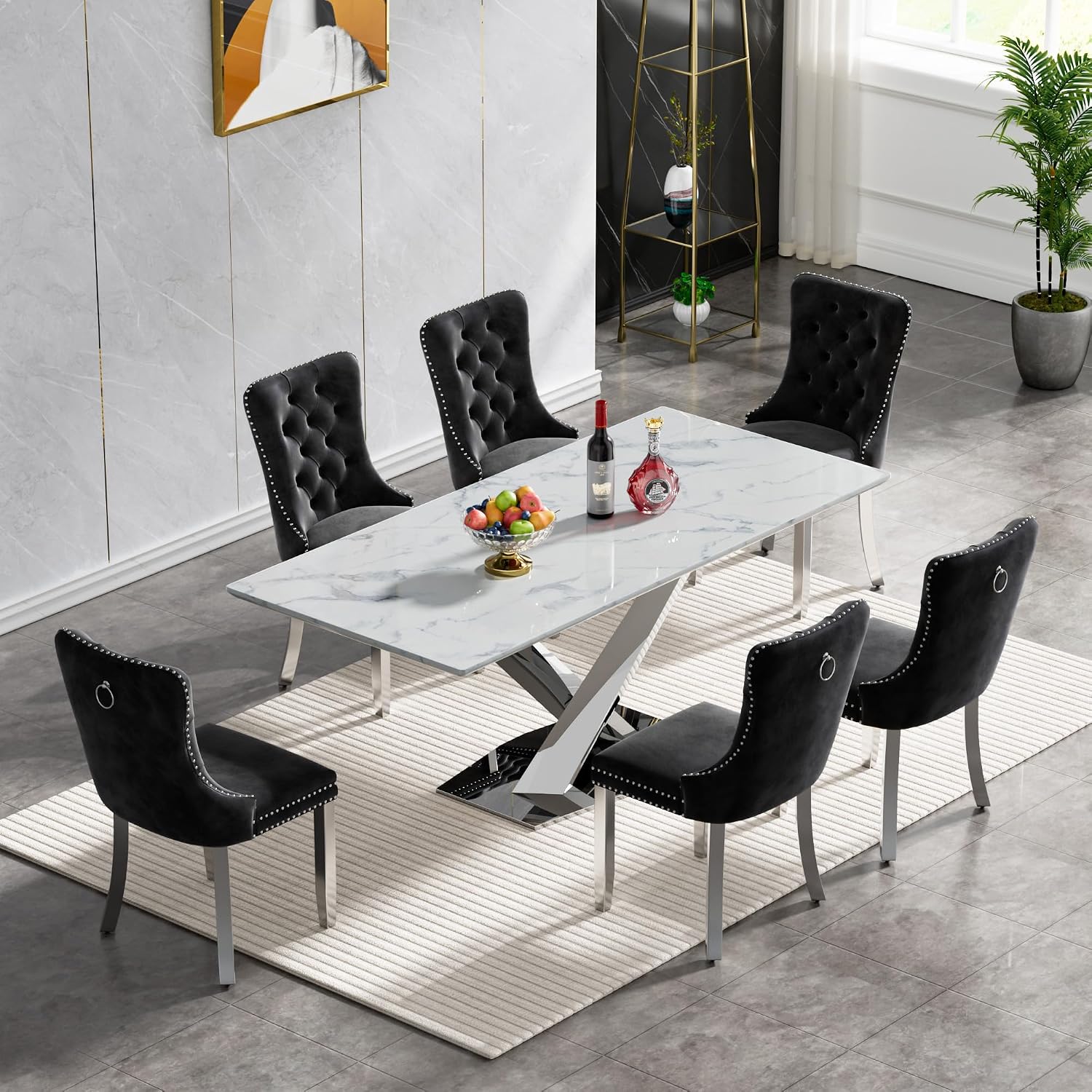 70' White Marble Dining Table for 4 to 6, Modern Faux Marble Kitchen Table with Silver X Shape Stainless Steel Pedestal, Luxury Rectangular Kitchen Dining Room Table for Breakfast Dinette Dinner Party