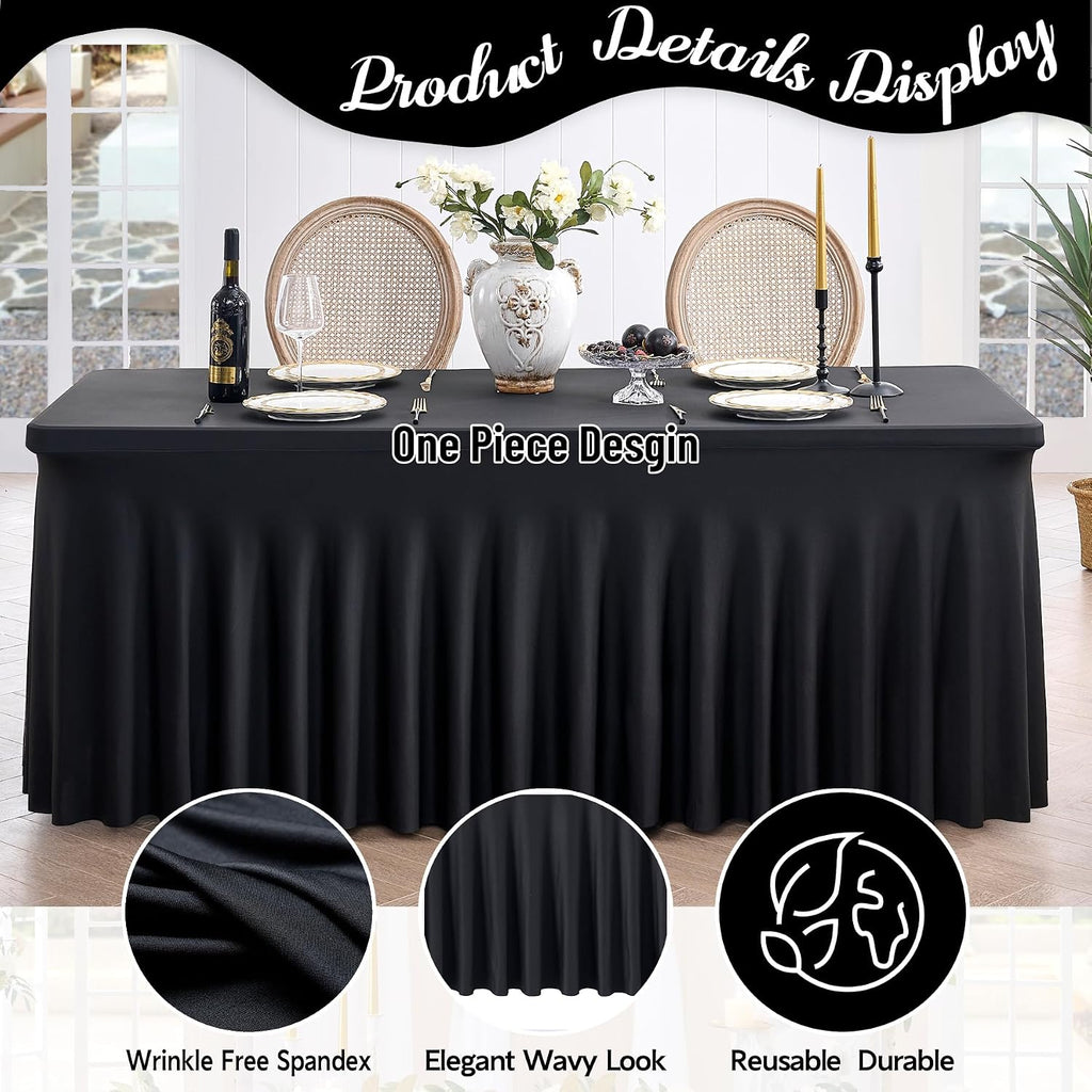 Outpain Black Spandex Table Clothes for 6 Foot Rectangle Tables-12Pack 6FT Spandex Fitted Table Cover, Wrinkle Free Tablecloths with Skirt for Parties, Wedding, Birthday, Banquet, Festival