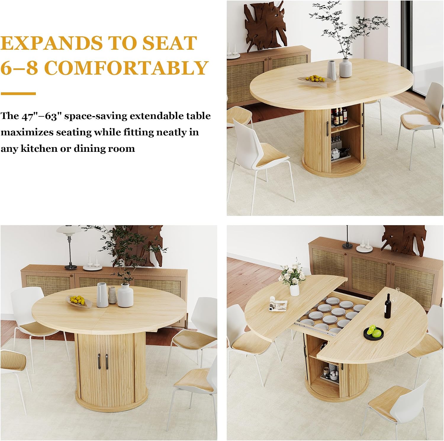 47.2'–63' Extendable Dining Room Table for 4-8, Round-to-Oval Expandable Dining Table with Dust-Proof 2-Tier Shelf, Space-Saving Wood Kitchen Table for Living Room, Oak