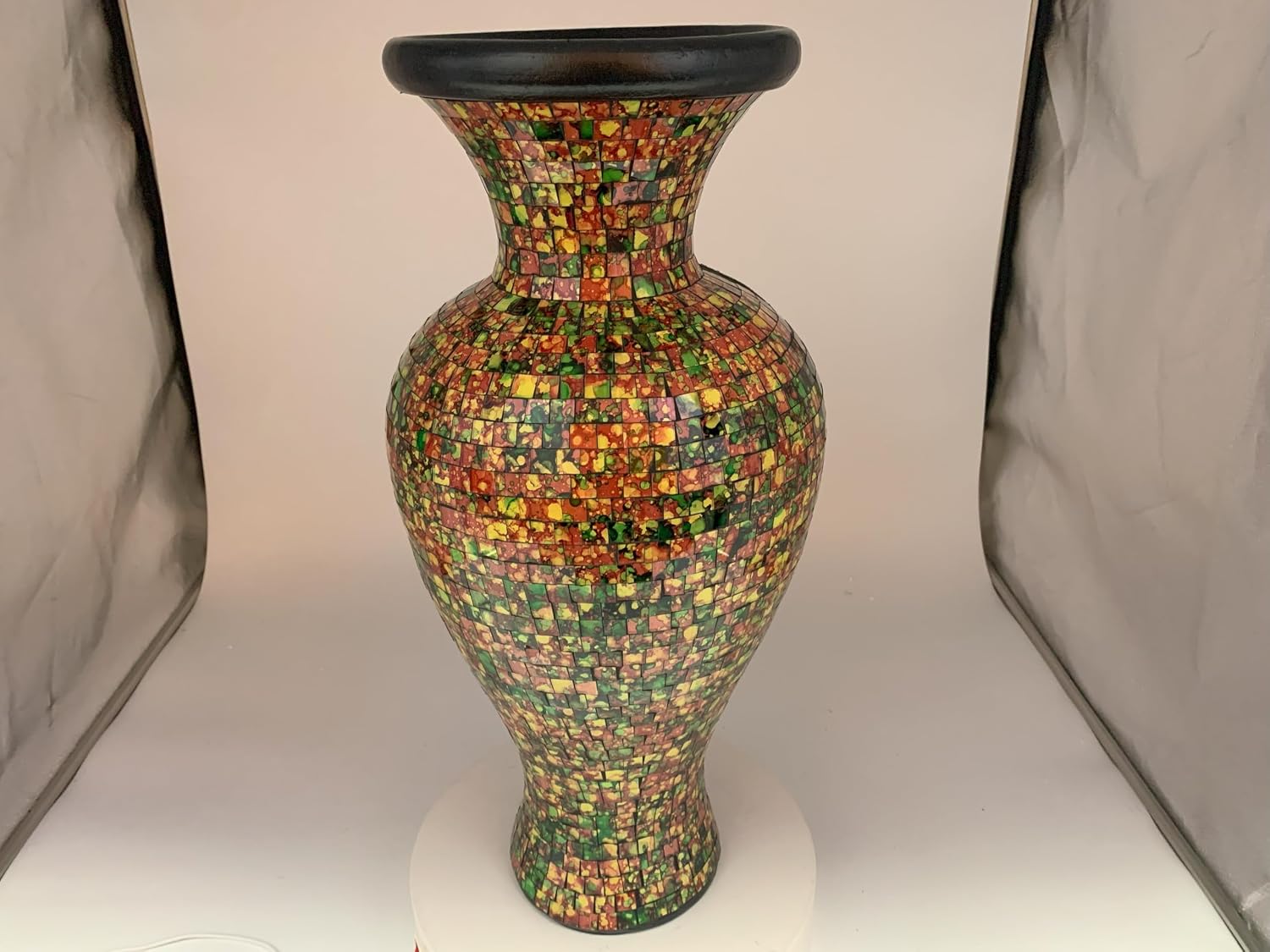 Floor Vase, 24 Inch Mosaic Vase – Tall Cylinder Made of Terracotta with Red, Orange, and Green Glass Mosaic Pieces – Handcrafted Decorative Home Décor Accent Piece for Bedroom, Living Room