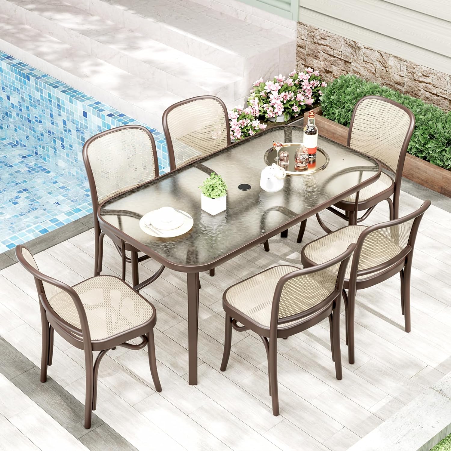 TLSUNNY Patio Outdoor Table W/ 1.69″ Umbrella Hole, 30'X 55' Rectangular Tempered Glass Patio Dining Table for 6, Outdoor Metal Furniture, All-Weather Use, for Patio, Graden, Backyard (Brown)