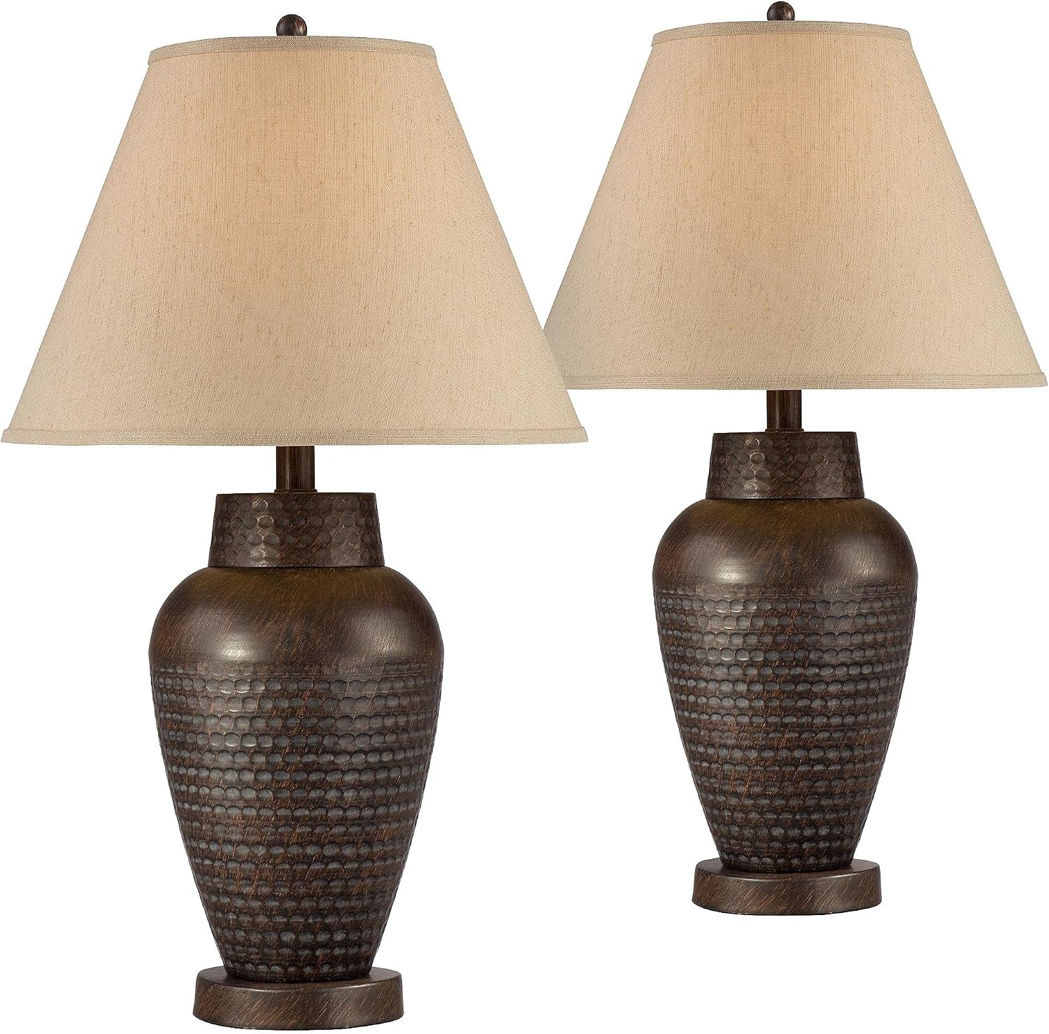 Regency Hill Auburn Rustic Farmhouse Vase-Shaped Table Lamps 25' High Set of 2 Hammered Bronze Metal Natural Linen Drum Shade for Living Room Bedroom House Bedside Nightstand Home Office
