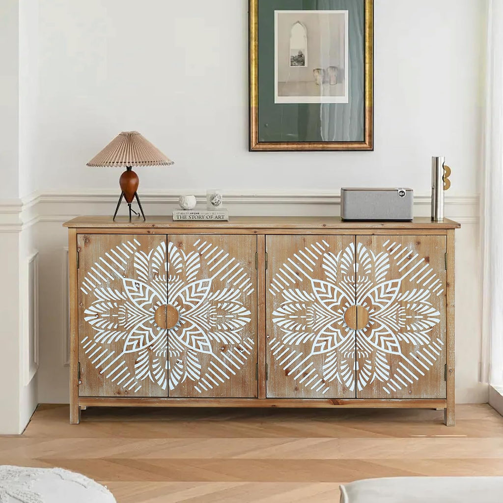 LKTART 60' Sideboard Buffet Cabinet,Vintage Accent Credenza Storage with Carved Doors,Media Console Cabinet for Entryway, Living&Dining Room Organization
