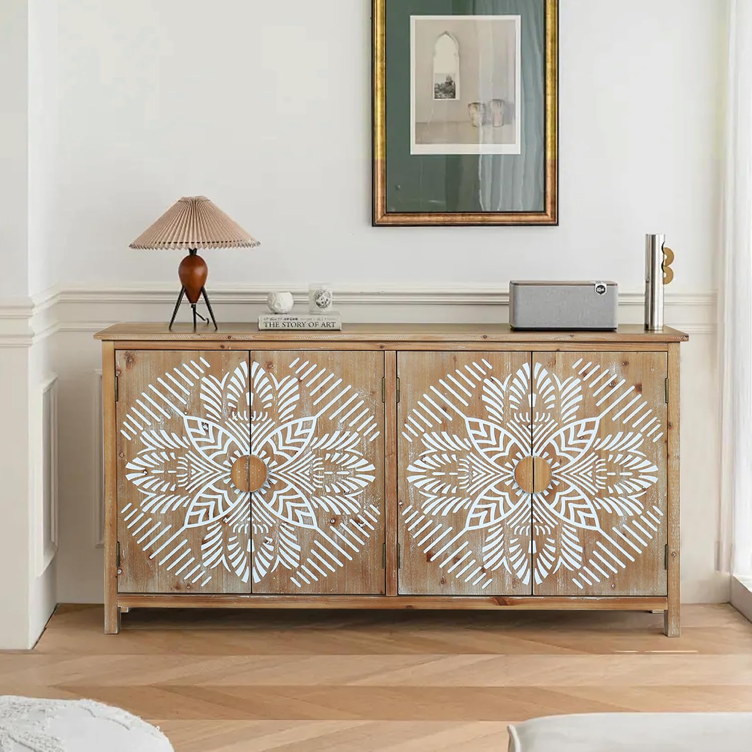 LKTART 60' Sideboard Buffet Cabinet,Vintage Accent Credenza Storage with Carved Doors,Media Console Cabinet for Entryway, Living&Dining Room Organization