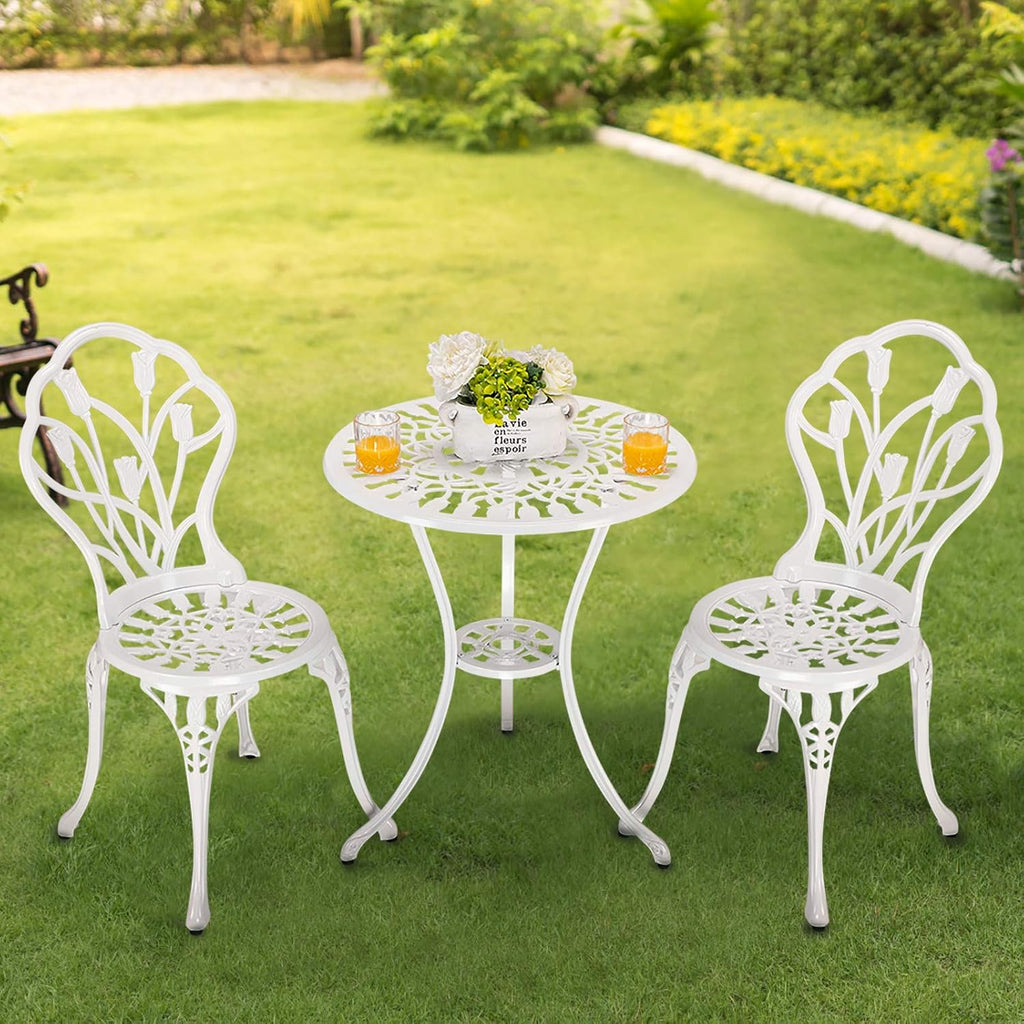 HOMEFUN Bistro Table and Chairs Set of 2 Outdoor 3 Piece Patio Set Tulip Pattern Cast Aluminum Bistro for Garden Balcony, Durable Rust All-Weather Resistance (White)