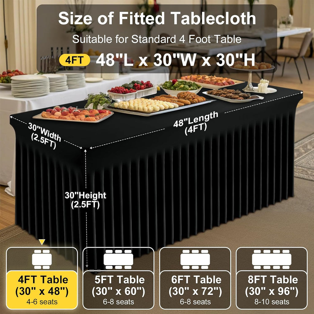 Smiry Spandex Tablecloth 6 Pack, Elastic Fitted Stretch Tablecloth for 4FT Rectangle Tables, Waterproof Washable Table Cover Skirt for Wedding, Banquet & Parties (Black, 48Lx30Wx30H Inch)