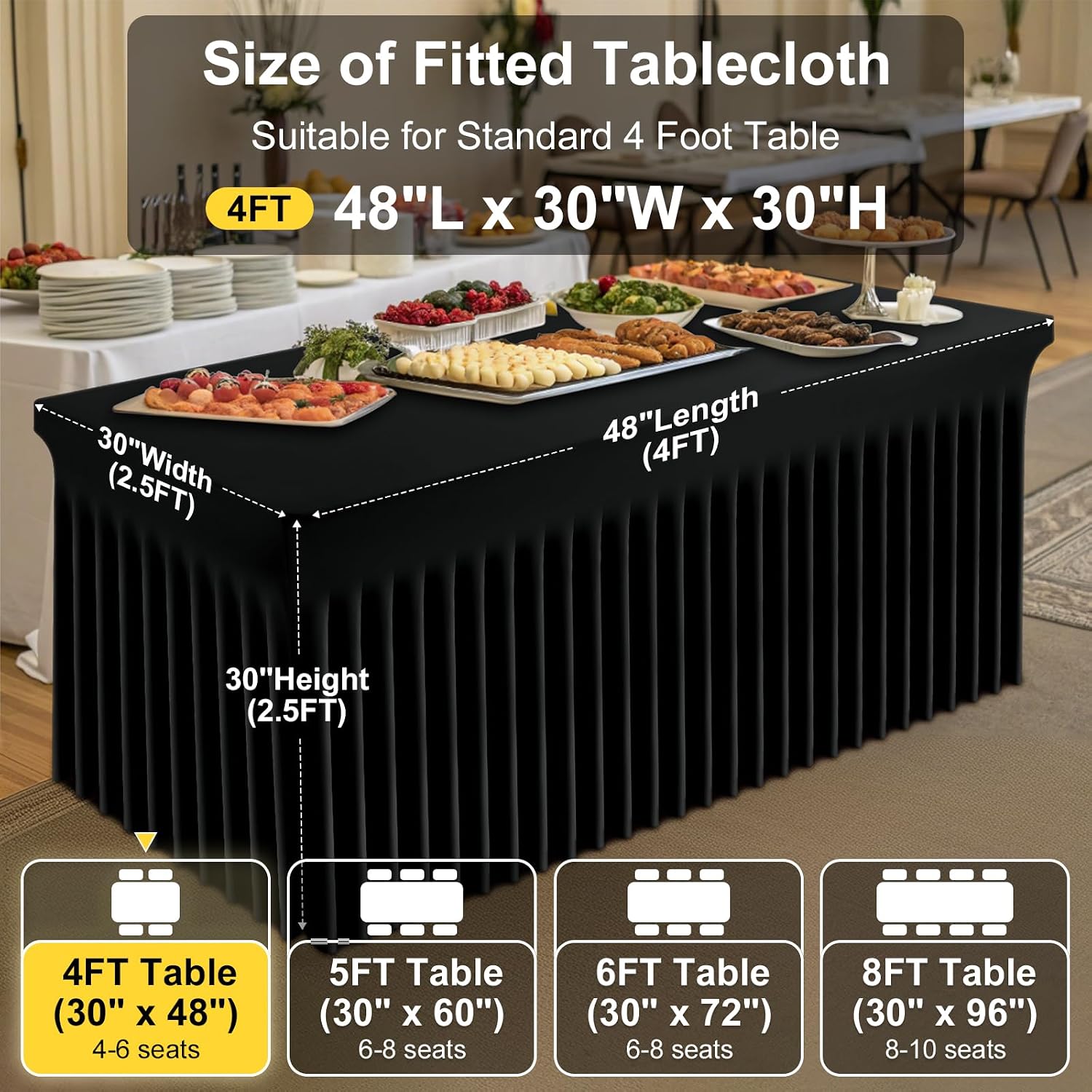 Smiry Spandex Tablecloth 6 Pack, Elastic Fitted Stretch Tablecloth for 4FT Rectangle Tables, Waterproof Washable Table Cover Skirt for Wedding, Banquet & Parties (Black, 48Lx30Wx30H Inch)