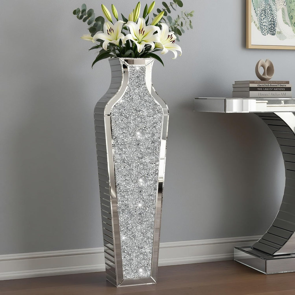SHYFOY 36 inch Floor Vase Crushed Diamond Decorative Mirrored Tall Vases for Decor Living Room, Large Silver Glass Floor Vase for Pampas Grass Artificial Flowers