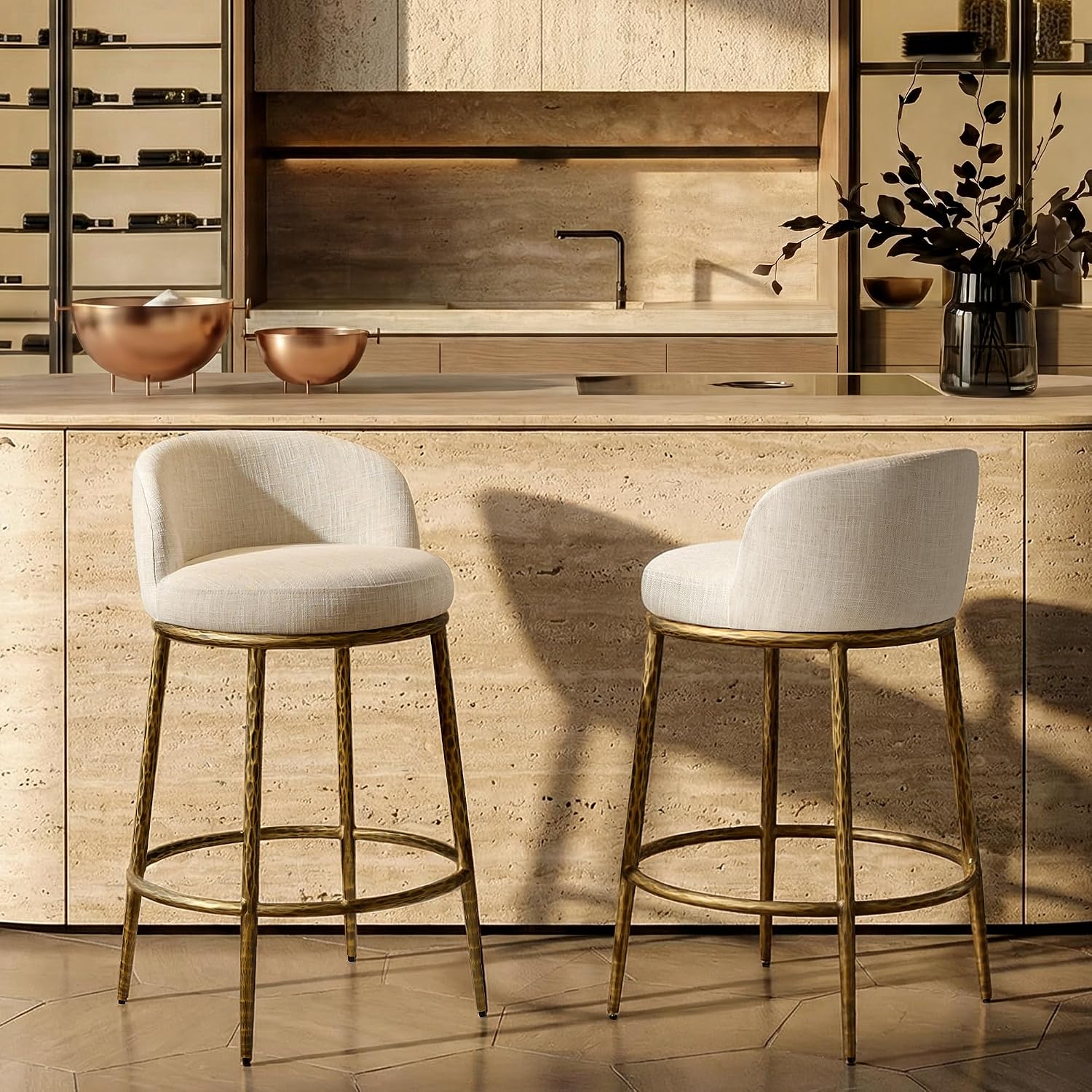 Morden Fort Modern Counter Height Bar Stools Set of 2, 26' Hand-Hammered Gold Bar Stools with Backs, Linen Upholstered Designer Island Chairs for Kitchen Counter, Antique Gold