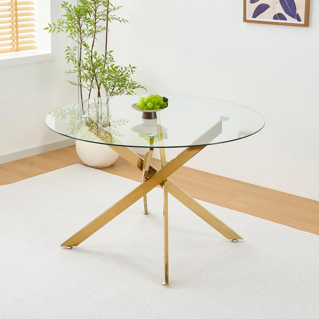 47.25' Round Dining Table for 6, Modern Clear Glass Kitchen Table for 6 with Gold X Metal Legs, Contemporary Small Circle Dining Room Leisure Tables for Kitchen Apartment