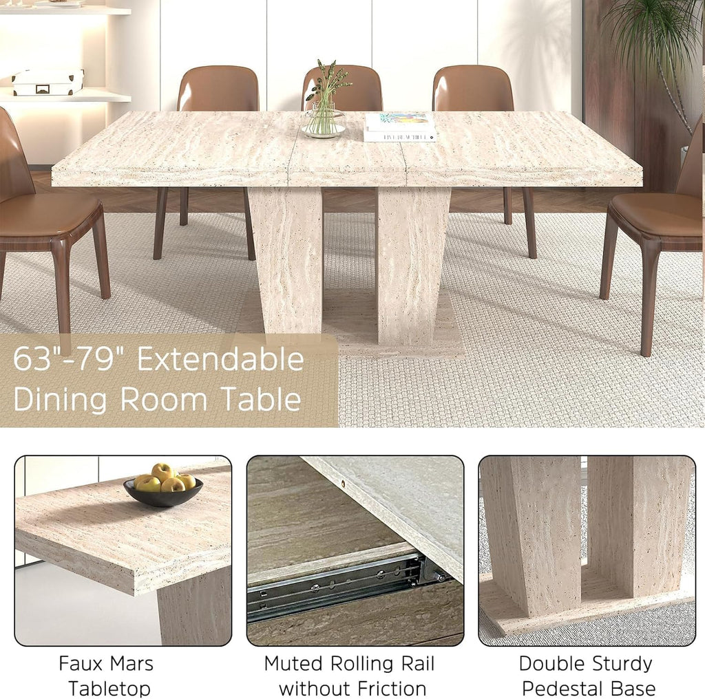 Henf 9 Pieces Extendable Dining Table Set for 8, 63'-79' Faux Mars Kitchen Table Set with 8 Beige Chairs, Faux Marble Expandable Dining Room Tables Set for 8,Modern Dinner Tables Set for 8