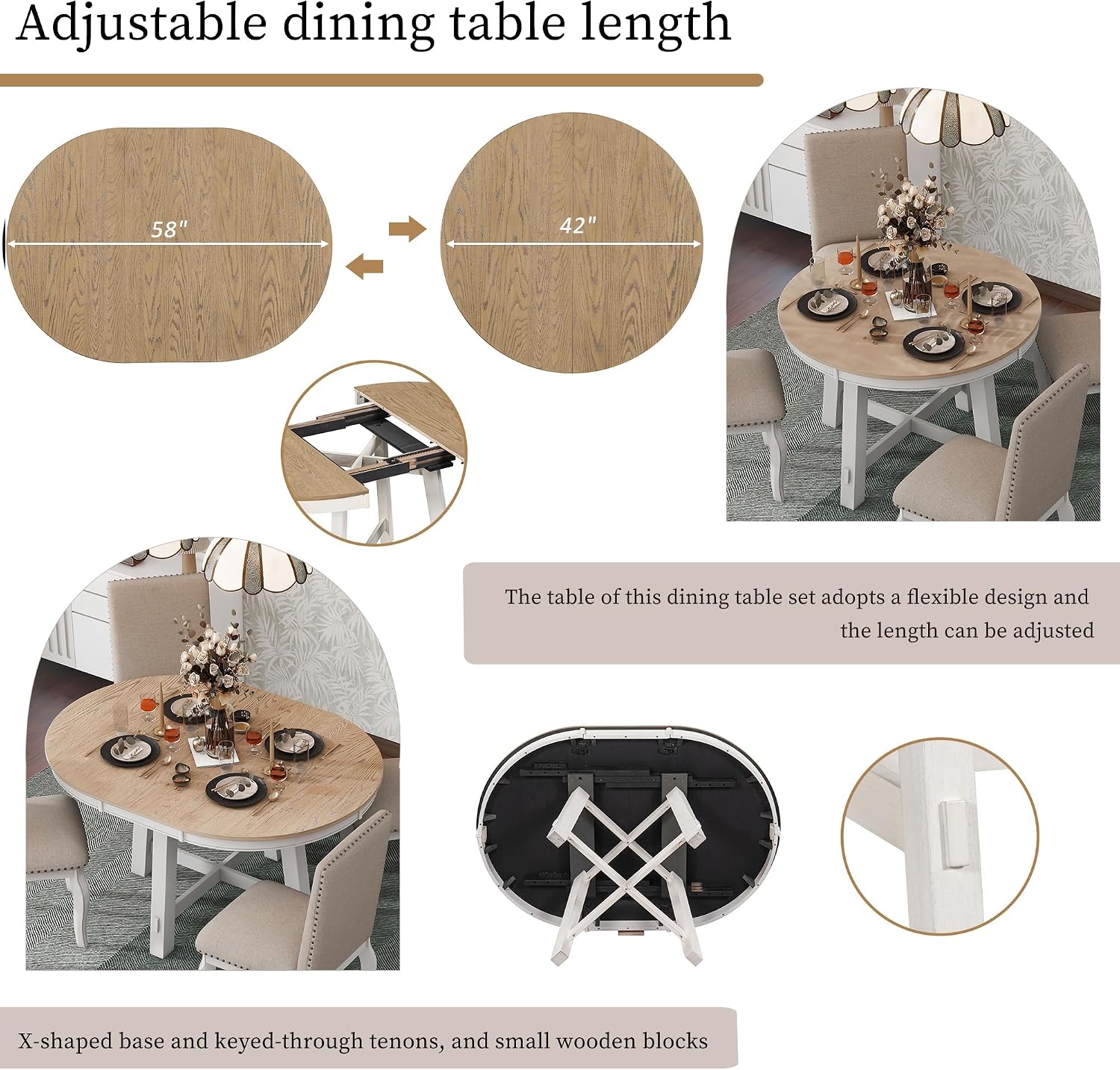 Harper & Bright Designs TREXM 5-Piece Farmhouse Dining Table Set Wood Round Extendable Dining Table and 4 Upholstered Dining Chairs (Oak Natural Wood + Antique White)