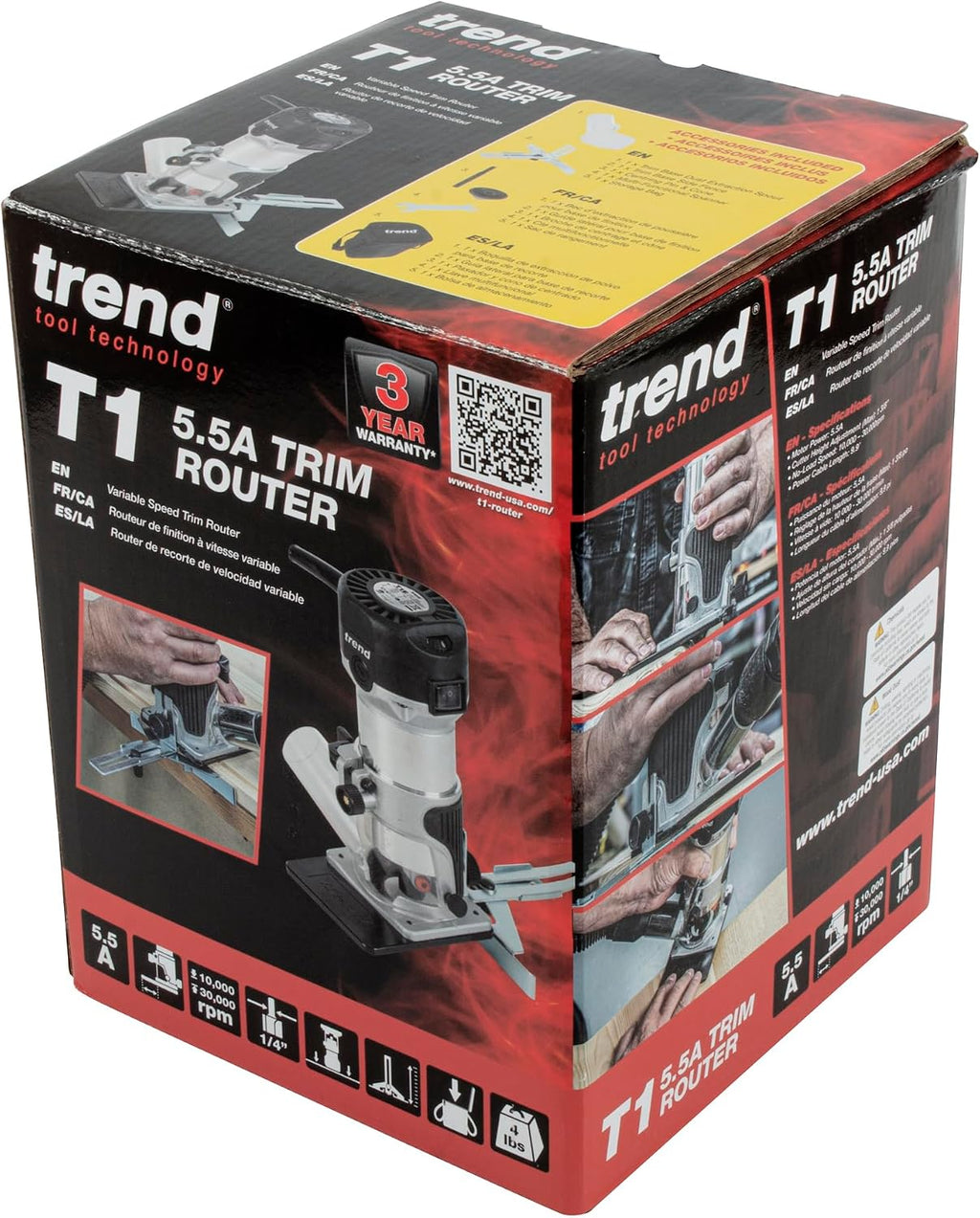 Trend T1 Trim Router with Extended Trim Base, 1/4 Inch Collet, 5.5A, 120V, Compact Trimming Power Tool, U*T1ETS