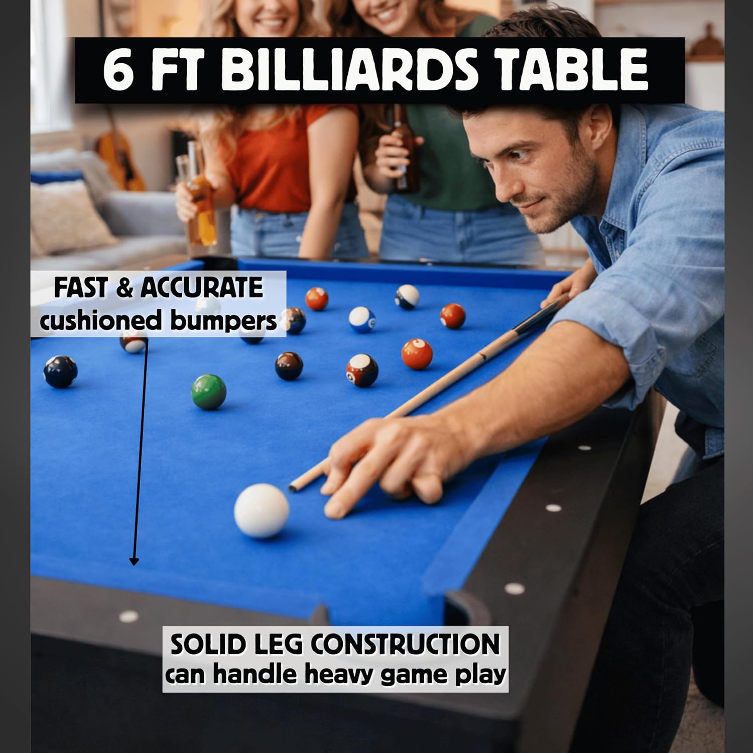 Freetime Fun 6 FT Pool Table, No Assembly, Portable, Includes Billiard Tables Accessories- 2 Pool Cues, Set of Balls, Triangle, Pool Table Brush, Chalk