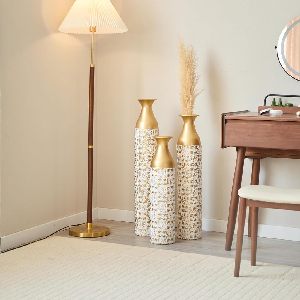 Gilded White 3D Relief Flower Metal Vase Set 24'. 29'. 32. 68 - Floor Vases for Living Room, Entryway & Office Decor, Rustproof Tall Standing Home Décor (Whit and Gold)