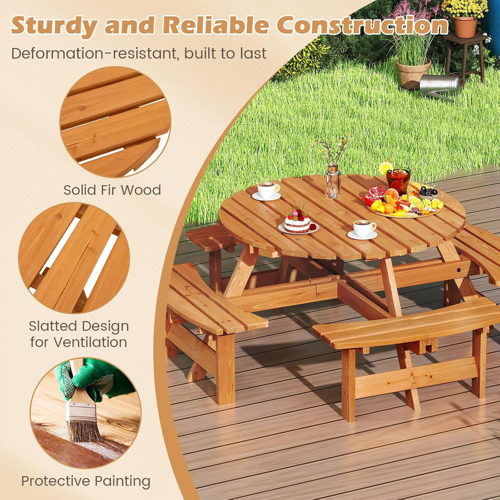Giantex 8-Person Round Picnic Table Set with 4 Benches, 550 LBS Bench Capacity, 2' Umbrella Hole, Circular Outdoor Wood Dining Table & Chairs for Patio Yard Garden Porch Deck (71'x71'x28',Yellow)