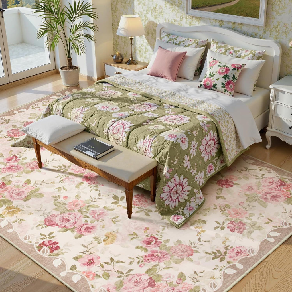 Lahome Floral Washable Rugs 9x12, Large Area Rugs 9x12 Living Room,Soft Non-Slip Thin Vintage Boho Bedroom Carpet for Dining Room Playroom Nursery Farmhouse, Nina Beige/Pink/Multi