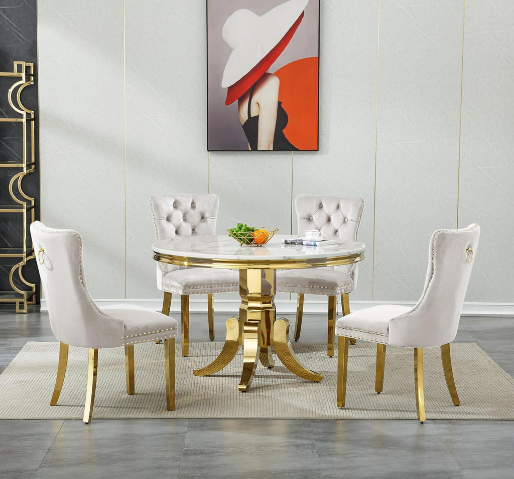 45 inch Round Marble Dining Table for 4 to 6, Modern Circular White Faux Marble Kitchen Table with Gold Stainless Steel Leg, Round Kitchen Dining Room Table for Breakfast Dinette Dinner Dinning Room