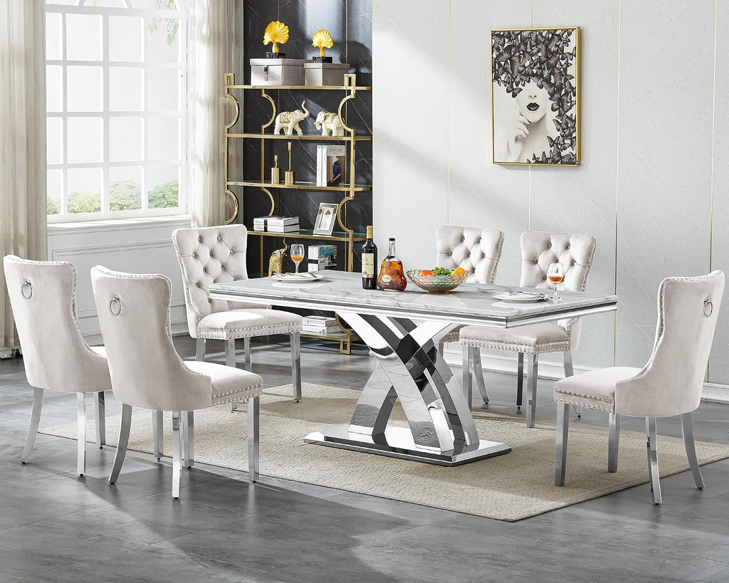 68' Luxury Rectangular Marble Dining Table for 4 to 6, White Faux Marble Kitchen Table with Silver X Shape Stainless Steel Pedestal, Modern Kitchen Dining Room Table for Breakfast Dinette Dinner Party