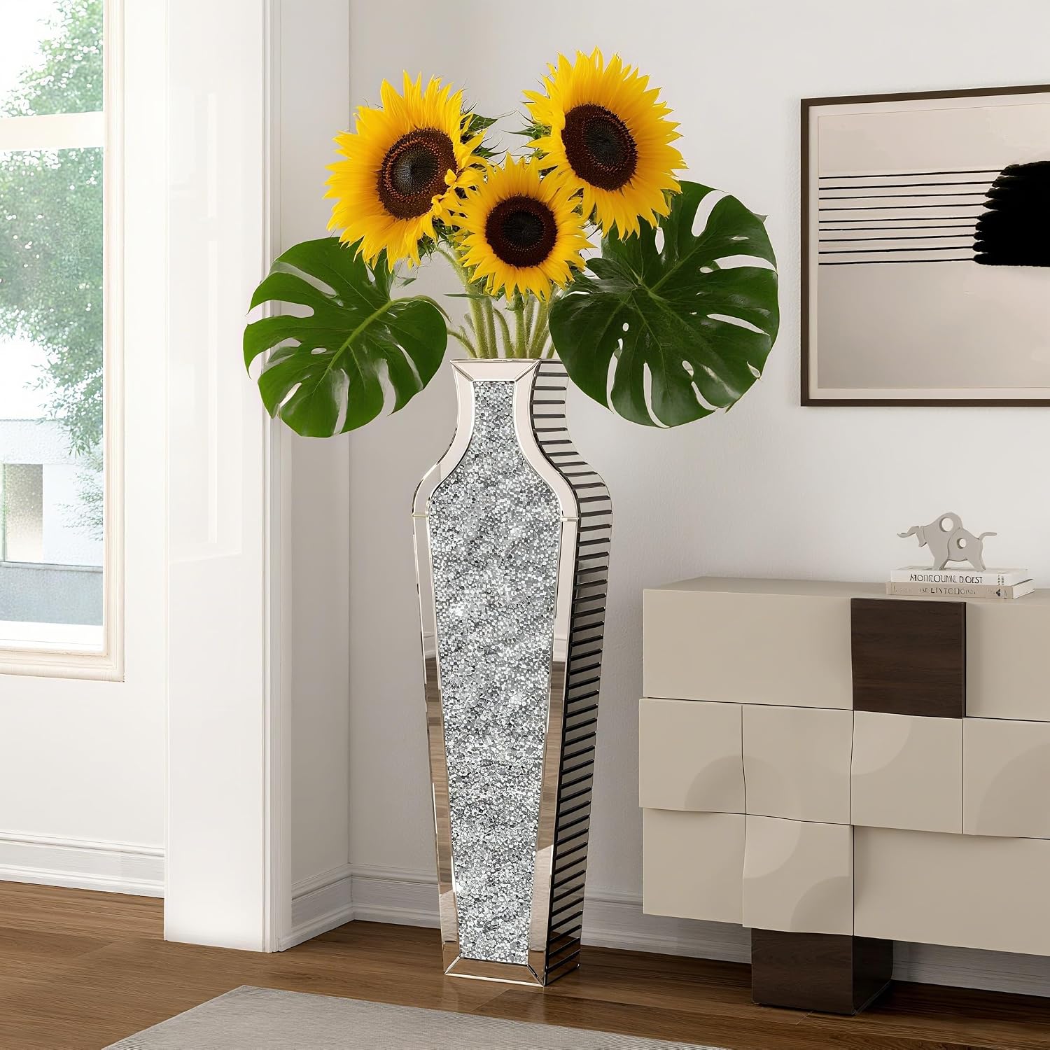 SHYFOY 43' Extra Large Floor Vase Oversized Crushed Diamond Mirrored Vase Silver Big Crystal Vases for Home Decor Living Room Floor