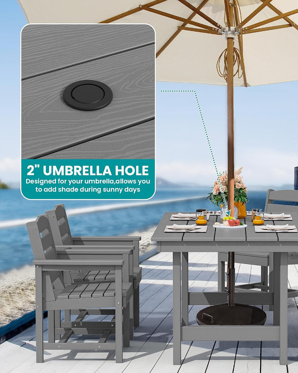 SERWALL 8-Piece Patio Dining Sets with 15FT Double Side Patio Umbrella, Outdoor HDPE Dining Furniture Set with Umbrella Hole Cut-Out Table and 6 Chairs, Gray（Umbreall Base not Included）