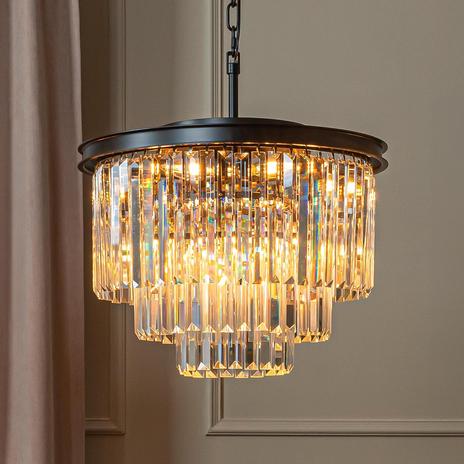 ALPADECOR 6-Light W 20' Modern Matte Black 3-Tier Round Fringe Crystal Chandelier Black Finish Frame Close to Ceiling Dual-Use Light for Dining Room Living Room