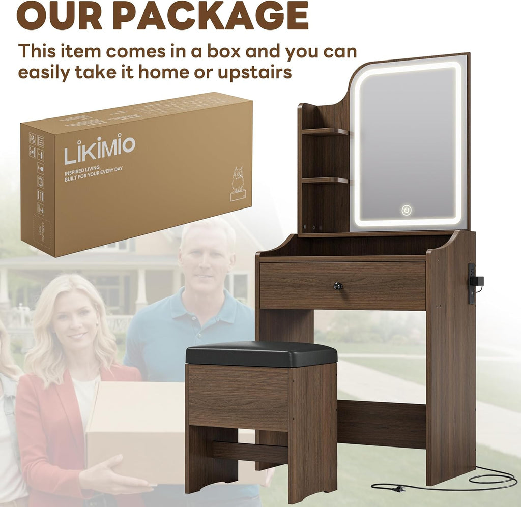 LIKIMIO Small Makeup Vanity Desk with Mirror and Lights, Vanity Table Set with Storage Drawer, Chair and Three Shelves, Bedroom, Walnut