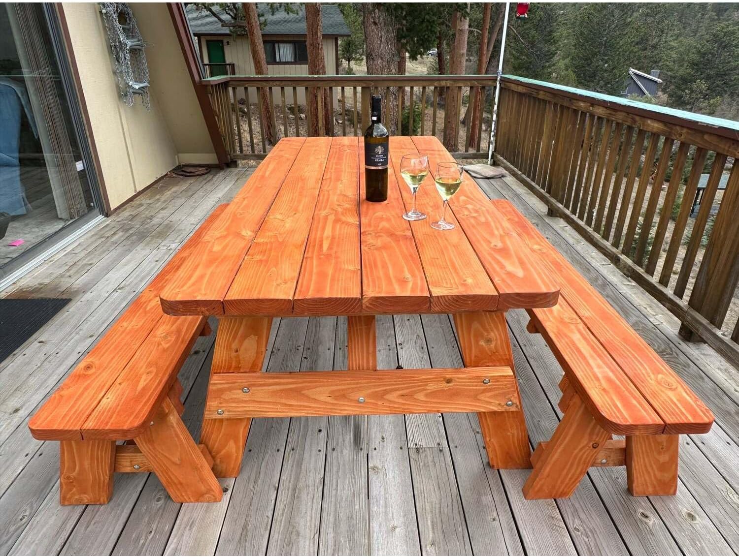 Best Redwood Square Corner Picnic Table with Attached Bench, Super Deck Round/6ft