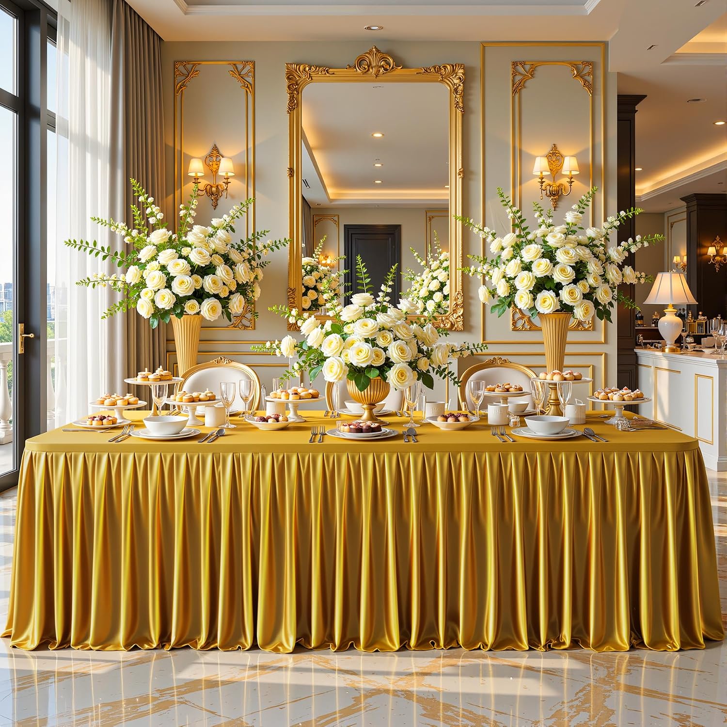 4 Pack 6FT Gold Satin Tablecloths for Rectangle Tables - Shiny Spandex Party Table Cover with Pleated Table Skirt, No-Wrinkle & Glossy Wedding Tablecloth One-Piece for Birthday Baby Shower Banquet