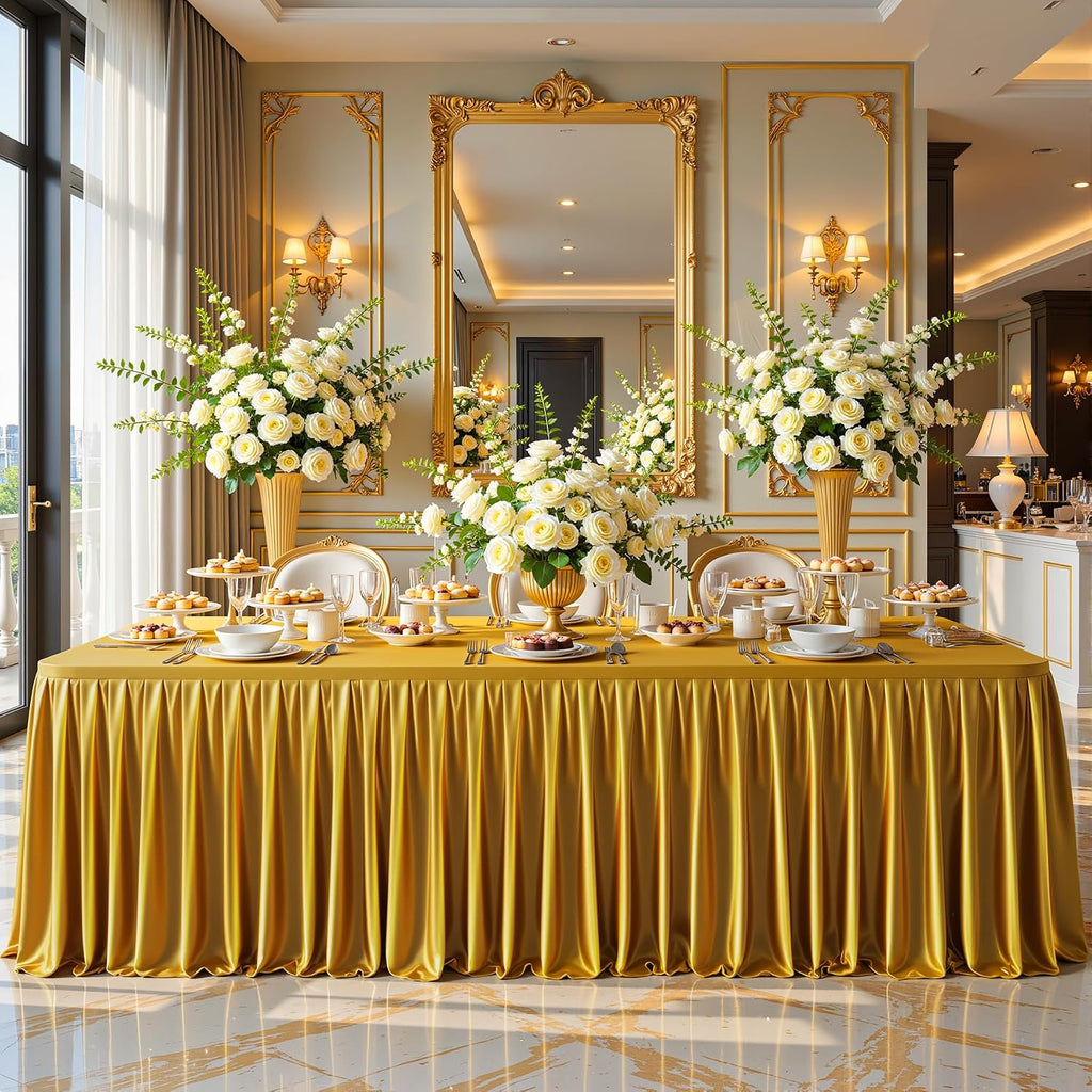 6 Pack 6FT Gold Satin Tablecloths for Rectangle Tables - Shiny Spandex Party Table Cover with Pleated Table Skirt, No-Wrinkle & Glossy Wedding Tablecloth One-Piece for Birthday Baby Shower Banquet