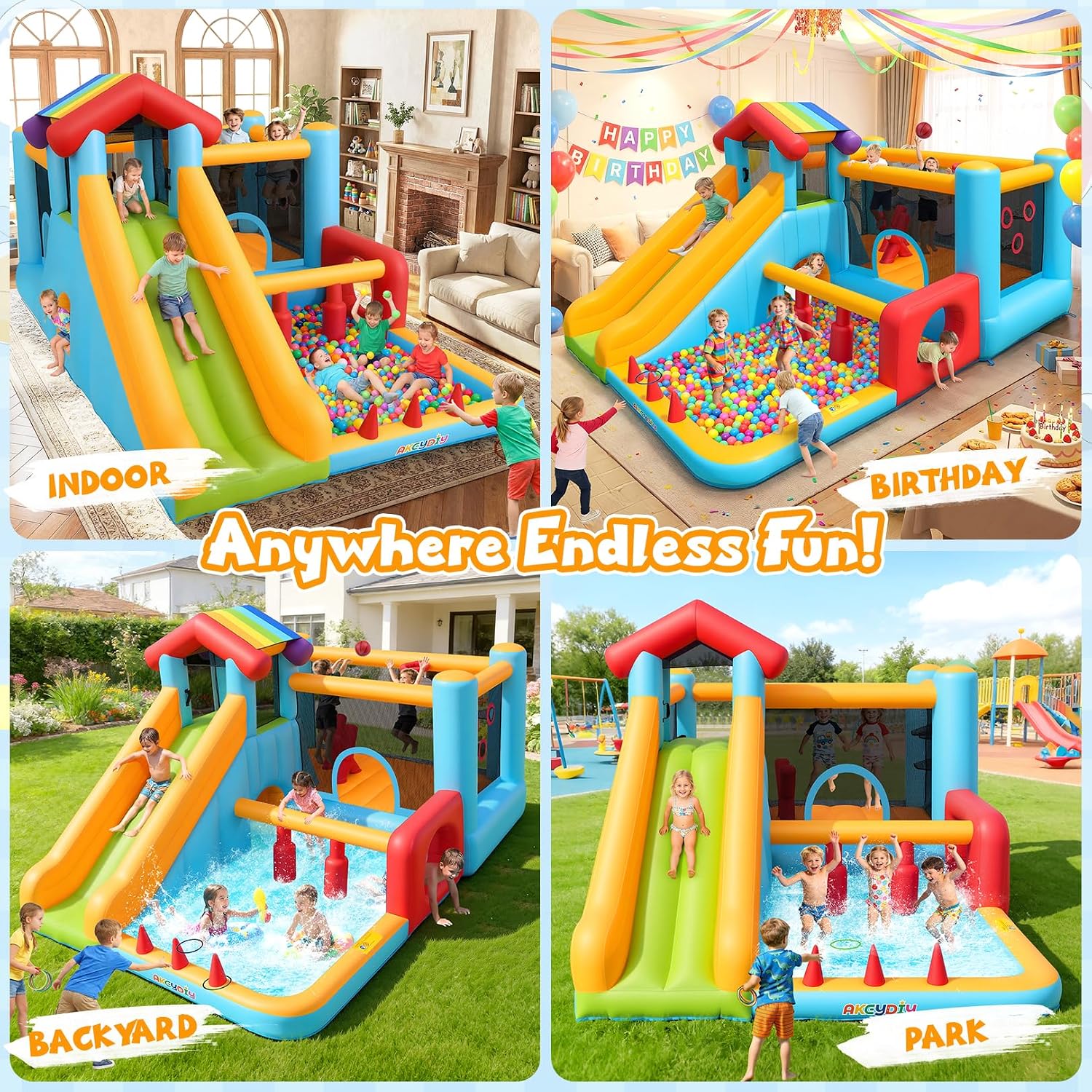 AKEYDIY Bounce House, Inflatable Bounce House for Kids 3-12, Obstacle Bouncy House with Slide, Trampoline, Ball Pit, Basketball Hoop, Target, Climbing, Tunnel, Indoor Outdoor, 450W Blower