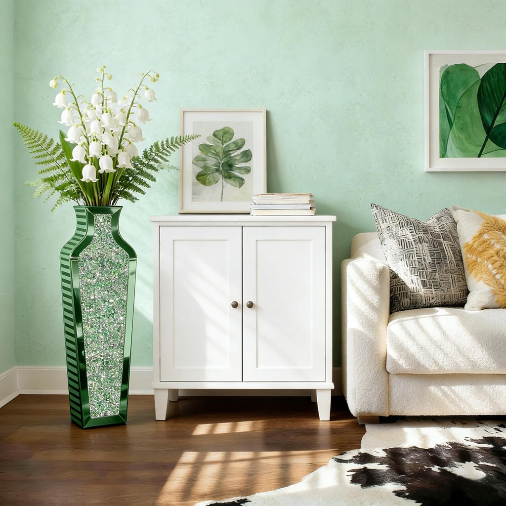 SHYFOY Green Crushed Diamond Floor Vase, Large Mirrored Tall Vases for Floor, Modern Glass Decorative Vases for Living Room Bedroom Home Corner Indoor Office, 26.8' Tall