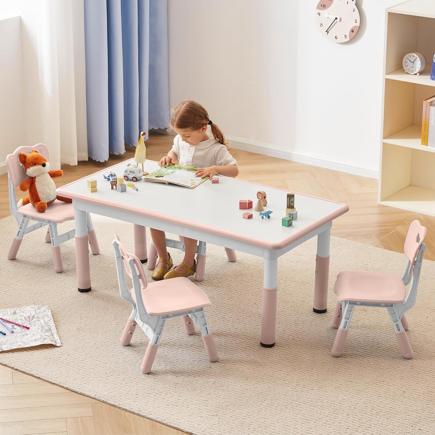 GITAWUSA Kids Study Table and Chairs Set, Height Adjustable Toddler Table and Chair Set for Kids Ages 3-8, Graffiti Desktop Plastic Children Art Table with 4 Seats, Lovely Pink