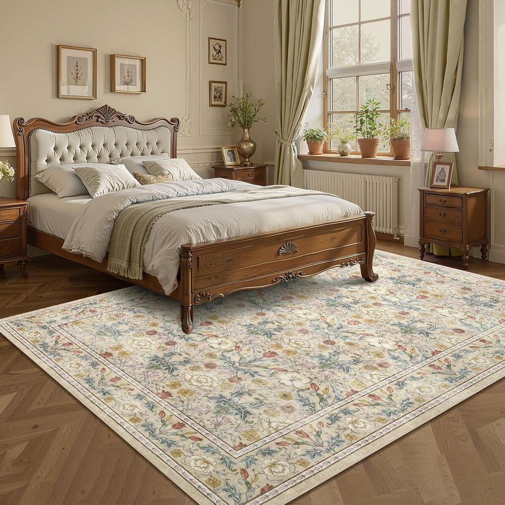 GarveeHome Large Area Rugs 9x12 for Living Room, Beige Floral Washable Rug Soft Non Slip Floor Mat Carpet Indoor Thin Accent Rug for Bedroom Dining Room Playroom Nursery Home Decor