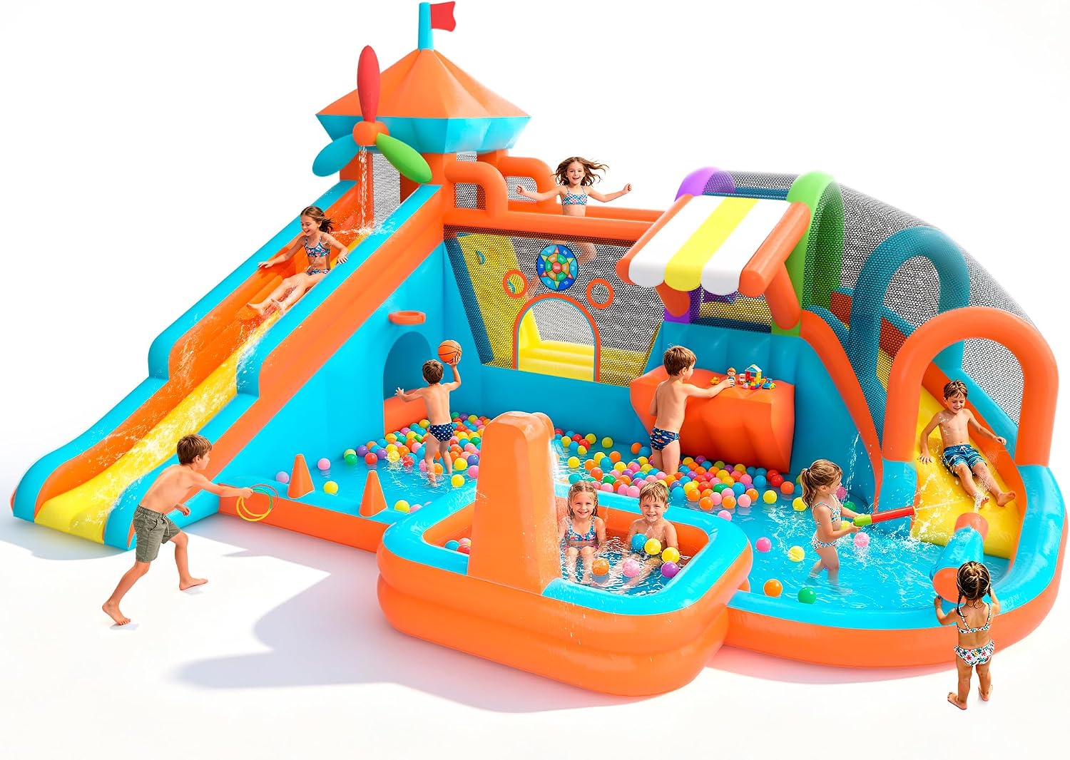 Water Bounce House for Big Kids 8-12, Double Water Slide Bounce House with 750W Blower, Toy Stand, Climbing Wall, Jumping, Water Gun, Splash Pool, Basketball Hoop for Indoor Outdoor Backyard