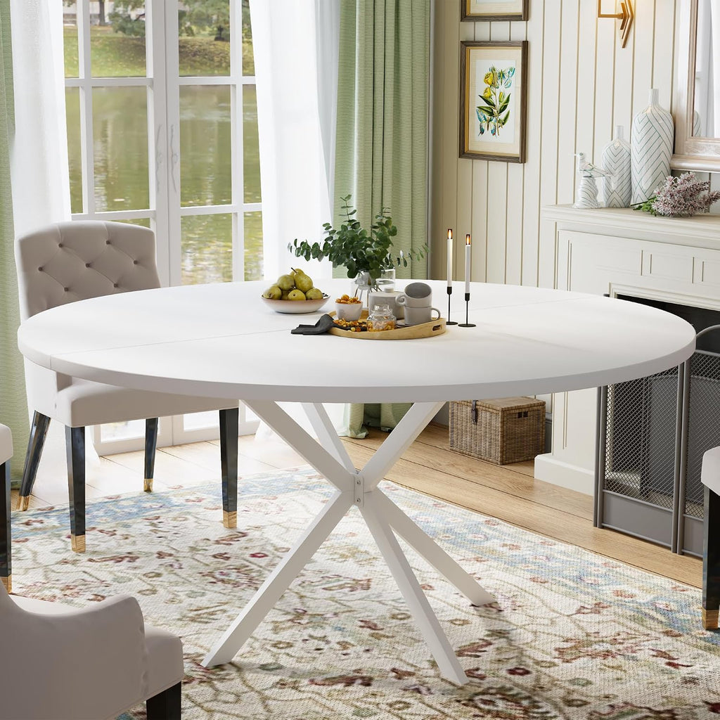 47.24' Round Dining Table for 4-6 Person, Round Kitchen Table with Wood Top, Circle Dinner Pedestal Tables with Metal Legs for Dining Room Kitchen (White)