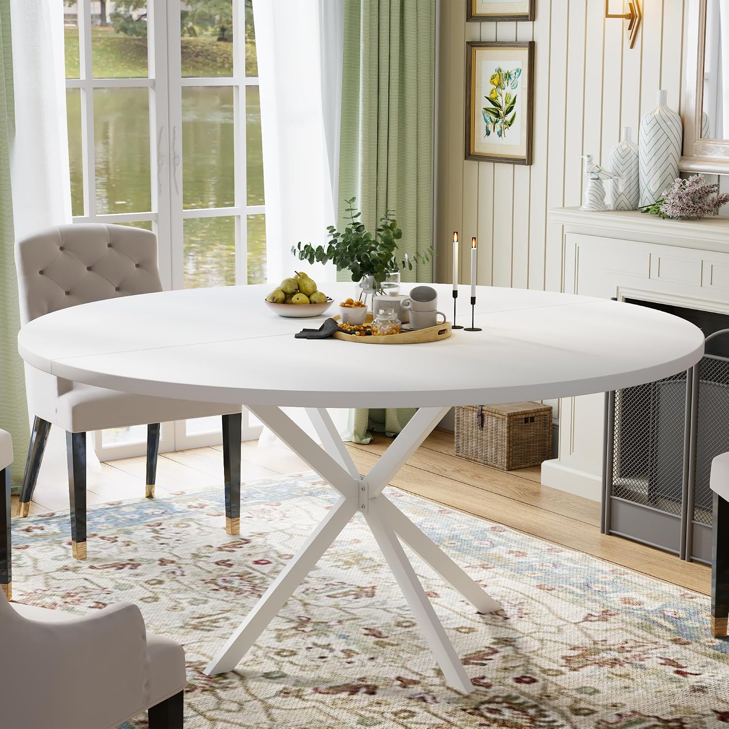 47.24' Round Dining Table for 4-6 Person, Round Kitchen Table with Wood Top, Circle Dinner Pedestal Tables with Metal Legs for Dining Room Kitchen (White)