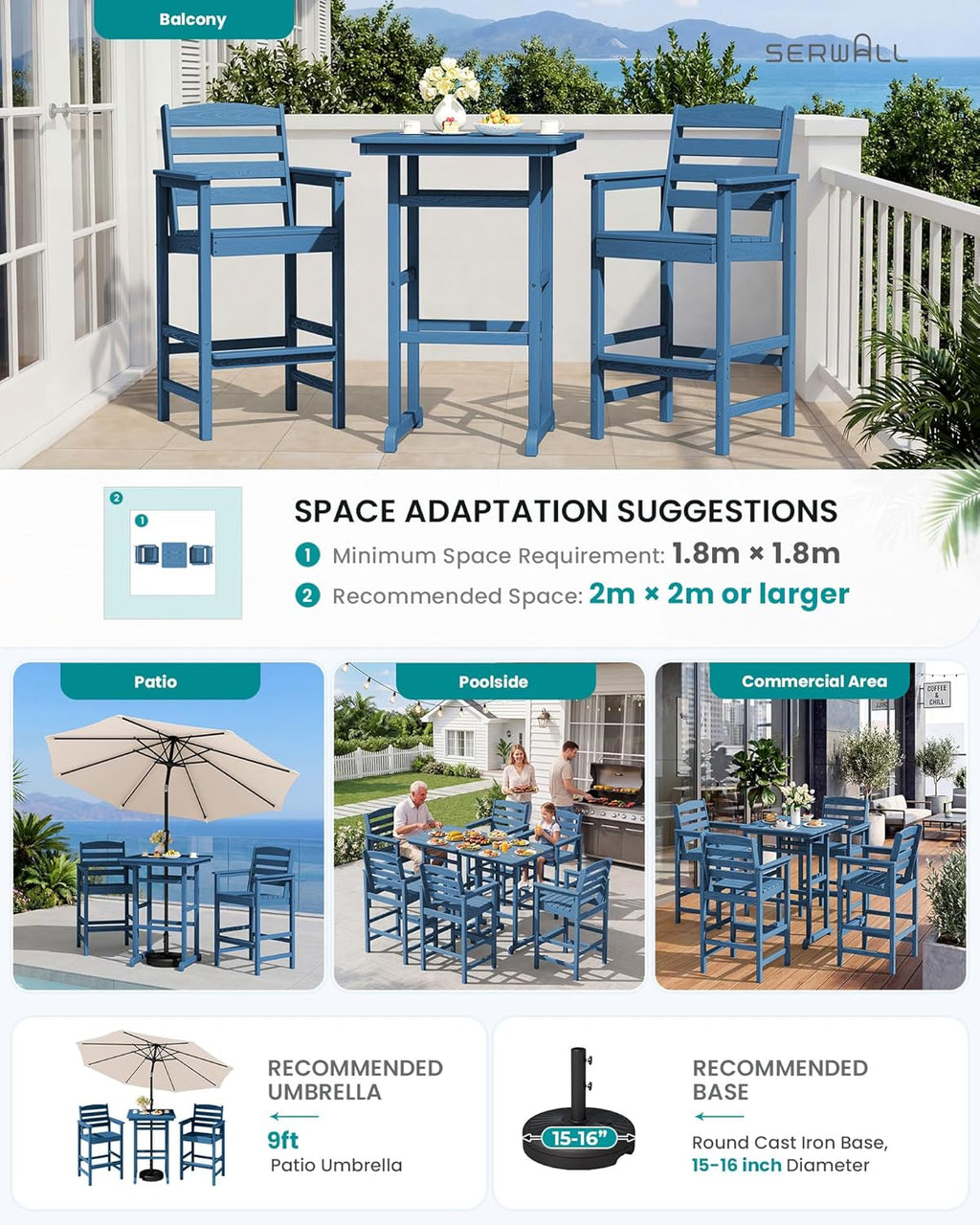 SERWALL 5-Piece Adirondack Bar Chair Set, HDPE Adirondack Barstools with Pub Table, Outdoor Patio Bar Furniture for Bistro, Balcony, Poolside, Garden - Blue