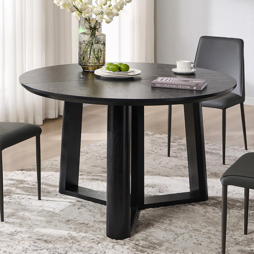 OKD 47' Dining Table for 4-6, Round Dining Room Table with Triangular Structure Pedestal Stable Base, Curved Table Edge, Circle Kitchen Tables for Dining Room, Kitchen, Black Oak