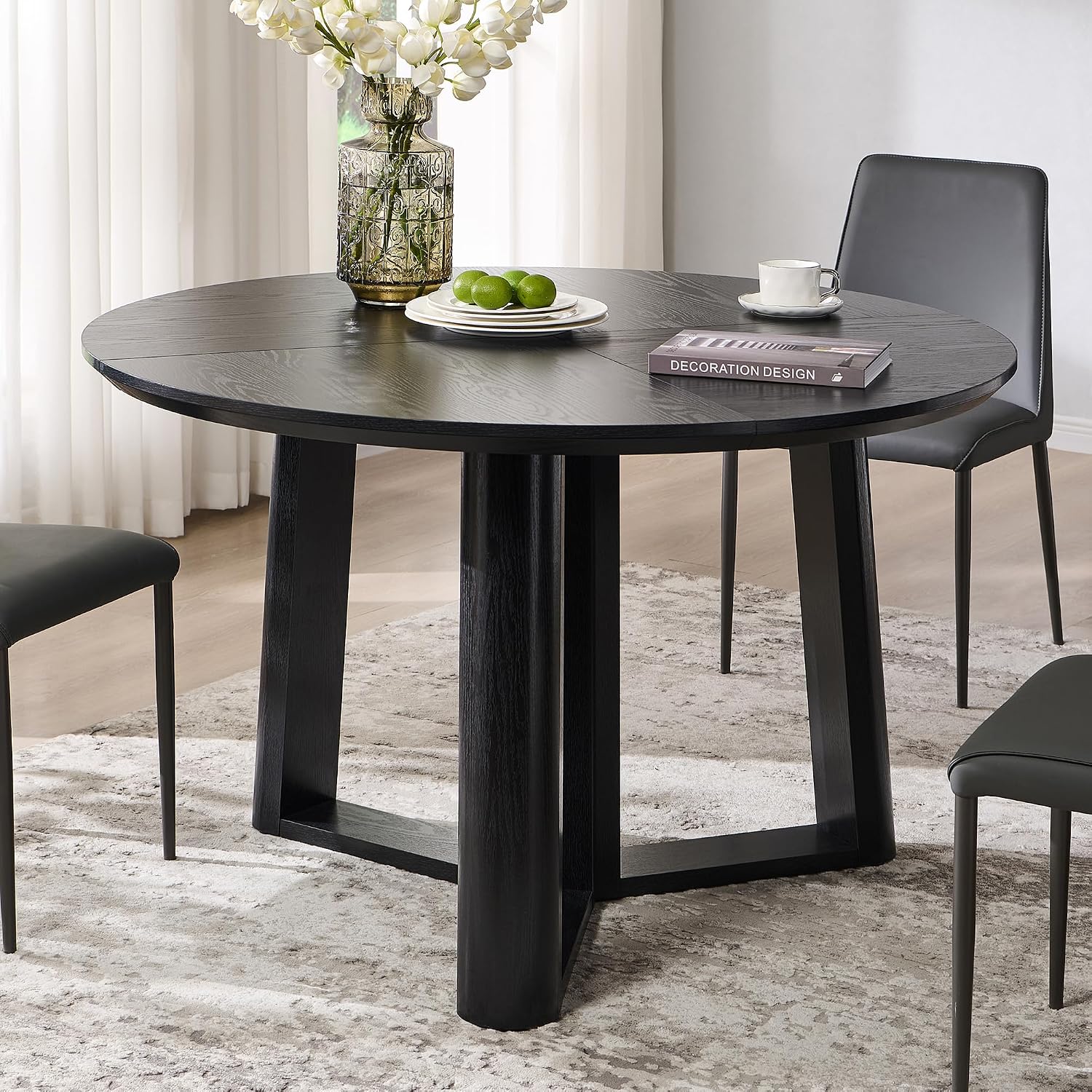 OKD 47' Dining Table for 4-6, Round Dining Room Table with Triangular Structure Pedestal Stable Base, Curved Table Edge, Circle Kitchen Tables for Dining Room, Kitchen, Black Oak