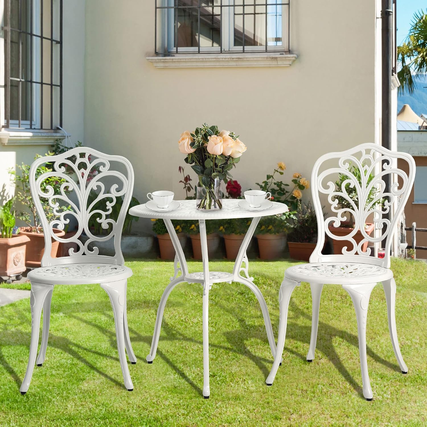 HOMEFUN Bistro Table and Chairs Set of 2 Outdoor 3 Piece Patio Set Butterfly Pattern Cast Aluminum Bistro for Garden Balcony, Durable Rust All-Weather Resistance (White)