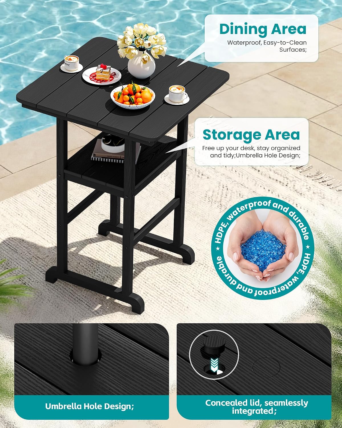 SERWALL Balcony Adirondack Chairs and Table 3 Pieces Set, Oversize Adirondack Bar Height Chairs Set of 2 and Bar Table, Outdoor Bar Stools Set, Black