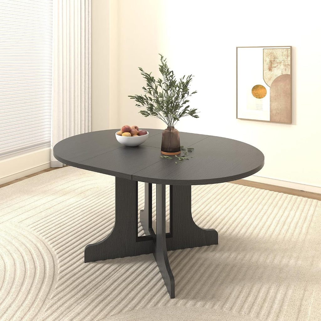59.06' Dining Table for Farmhouse Kitchen Expandable Oval Table Top with Removable Leaf Trestle X Shaped Base,Black